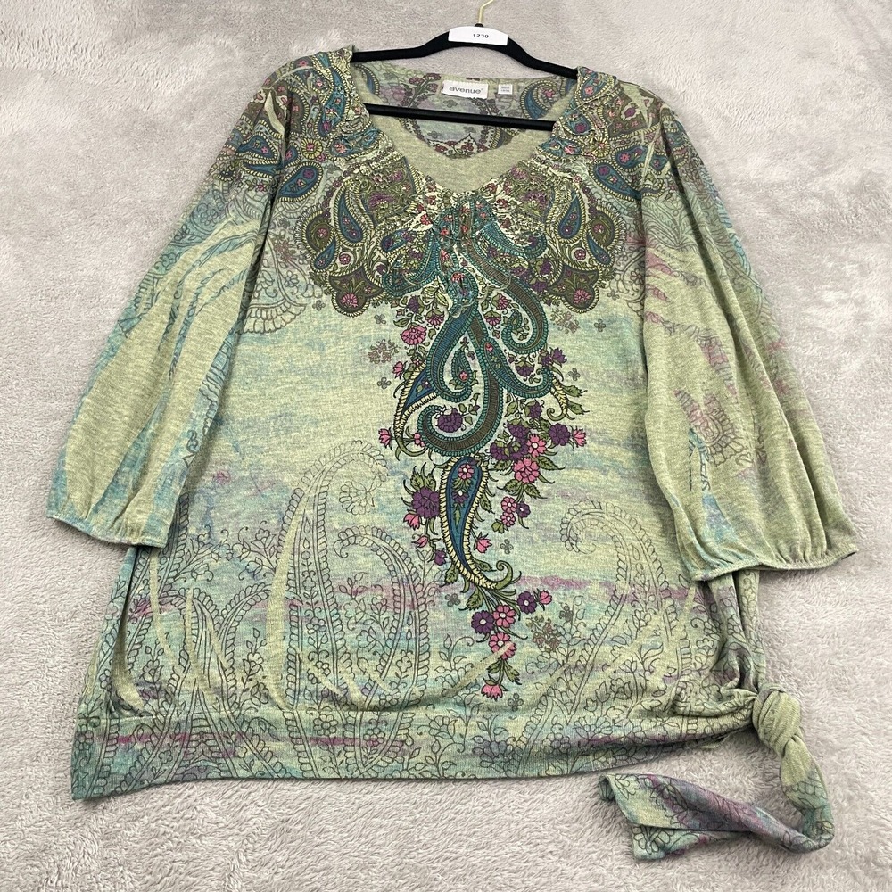 VTG Avenue Embroidered Tunic Top 18/20 Green Paisley Side Tie‎ Boho Y2K Hippie